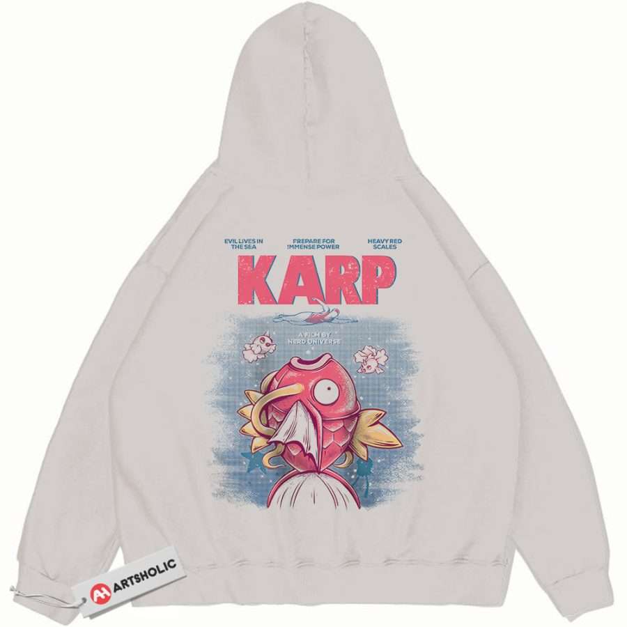 Alternative view of Jaws x Magikarp Hoodie, Pokemon Hoodie, Anime Hoodie, Vintage Hoodie