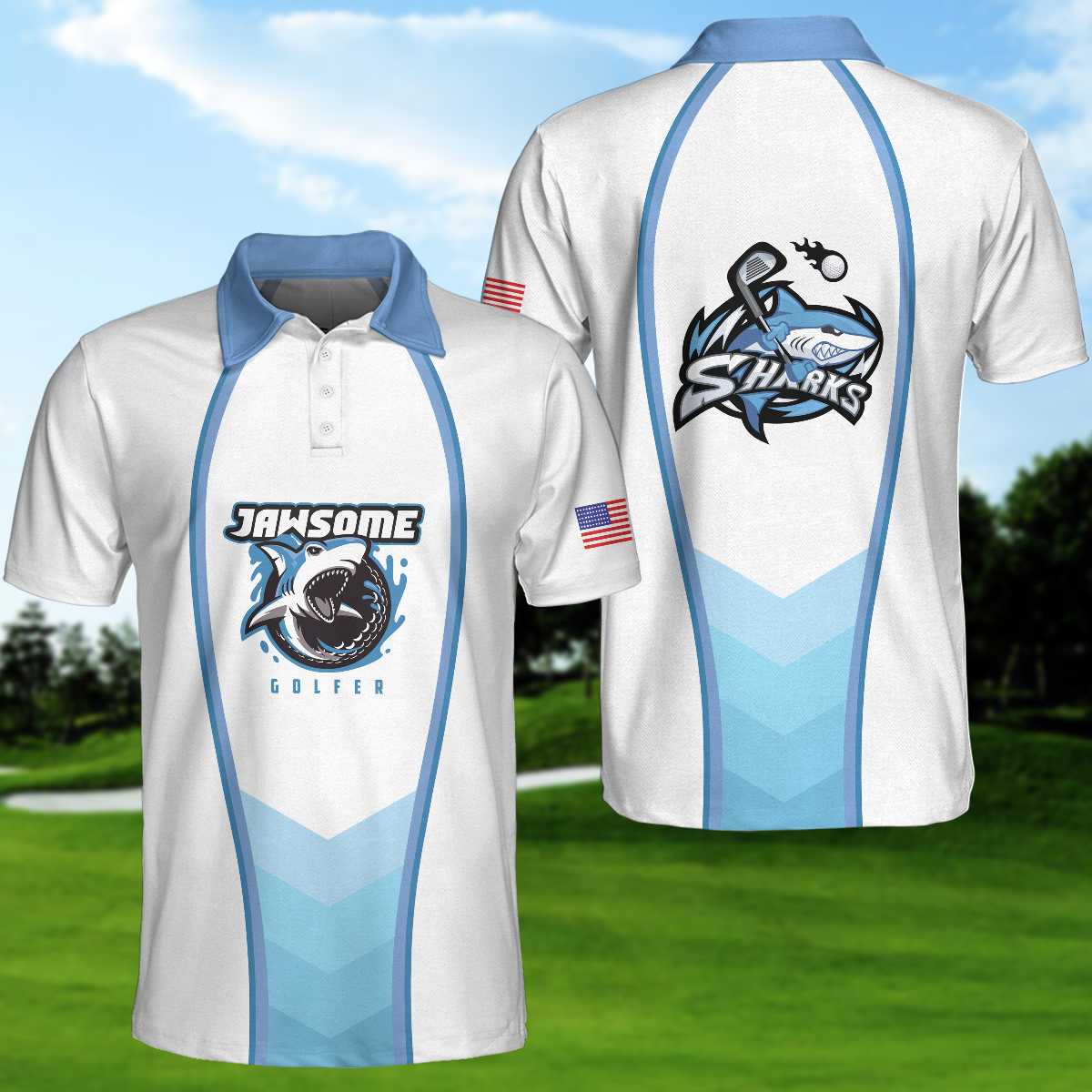 Jawsome Golfer Shark Golf Short Sleeve Polo Shirt, American Flag Polo Shirt, Best Golf Shirt For Men