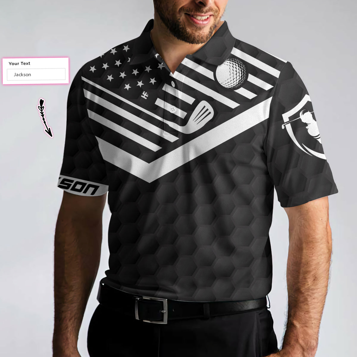 Alternative view of Never Underestimate An Old Man Custom Polo Shirt, Personalized Black American Flag Golf Shirt For Men
