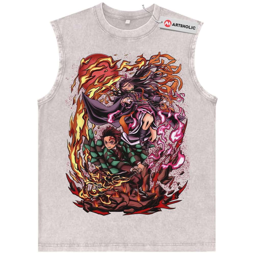 Alternative view of Nezuko vs Tanjiro Kamado Tank Top, Demon Slayer Tank Top, Anime Tank Top, Vintage Tank Top