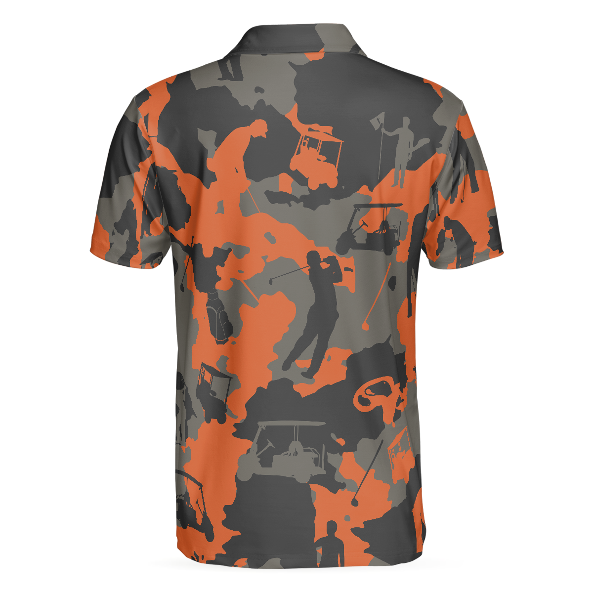 Alternative view of Orange Camouflage Golf Polo Shirt, Golfer Silhouette Pattern Polo Shirt, Camo Golf Shirt For Men