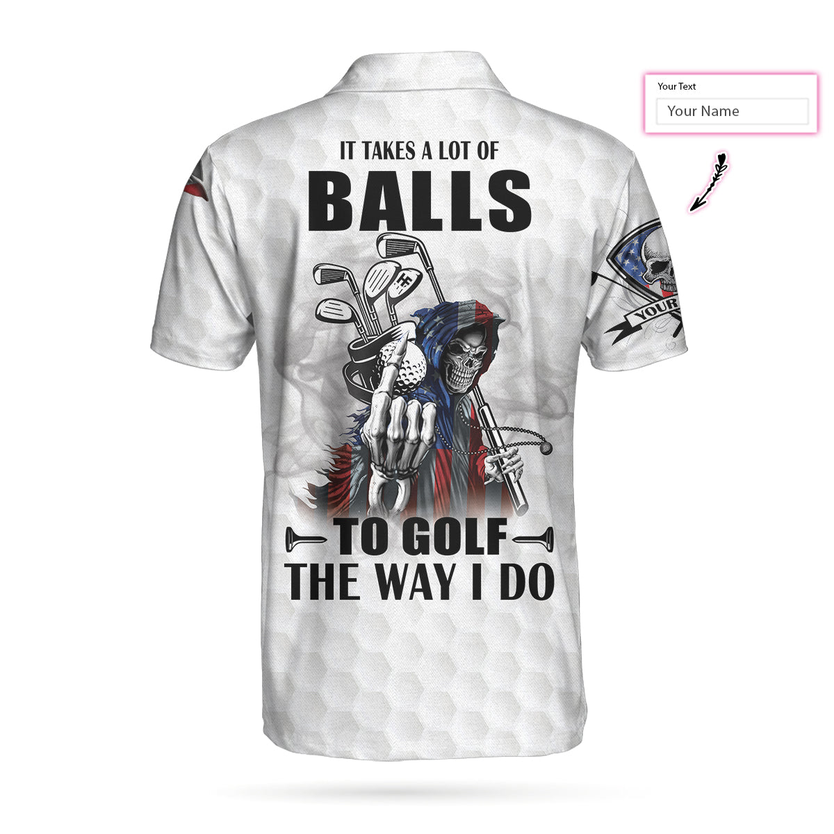Alternative view of Personalized American Flag Golfing Skeleton Golf Polo Shirt, It Takes A Lot Of Balls To Golf The Way I Do Shirt, Custom Polo Shirt For Men