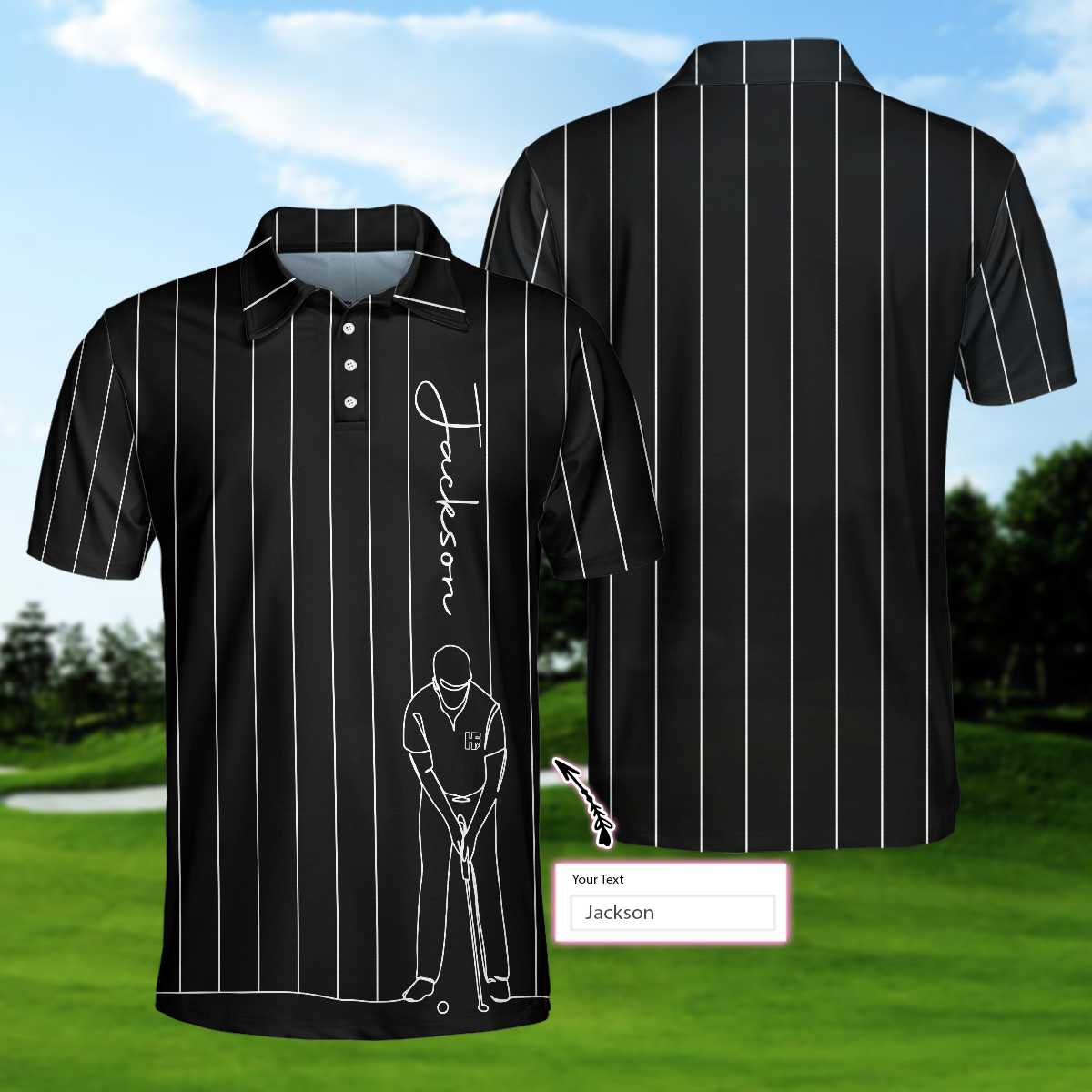 Personalized Black And White One Line Drawing Golfer Custom Polo Shirt, Cool Golf Shirt For Men