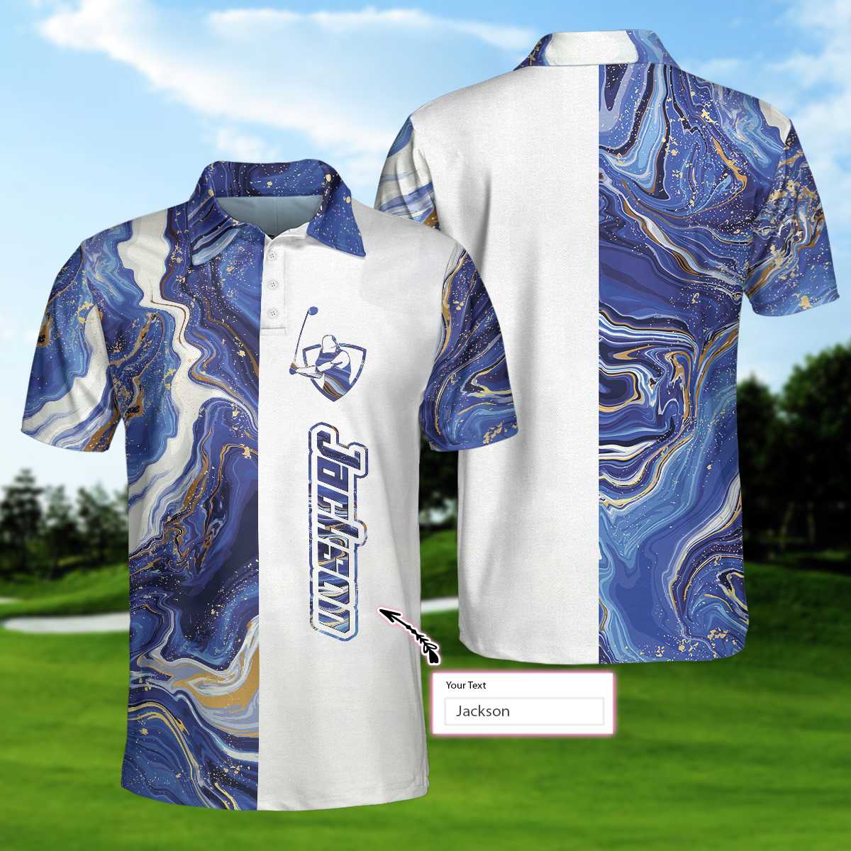 Personalized Blue Marble And Gold Golf Custom Polo Shirt, Cool Golf Shirt For Men
