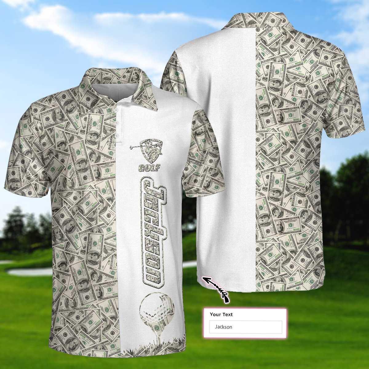 Personalized Dollar Golf Custom Polo Shirt, Dollar Bill Pattern Polo Shirt, Cool Golf Shirt For Men
