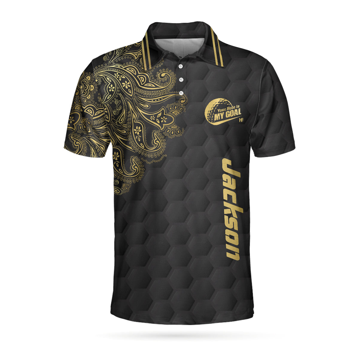 Personalized Golden Your Hole Is My Goal Custom Polo Shirt, White And Purple Golf Shirt For Men