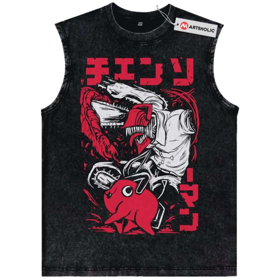 Alternative view of Pochita vs Denji Tank Top, Chainsaw Man Tank Top, Anime Tank Top, Vintage Tank Top