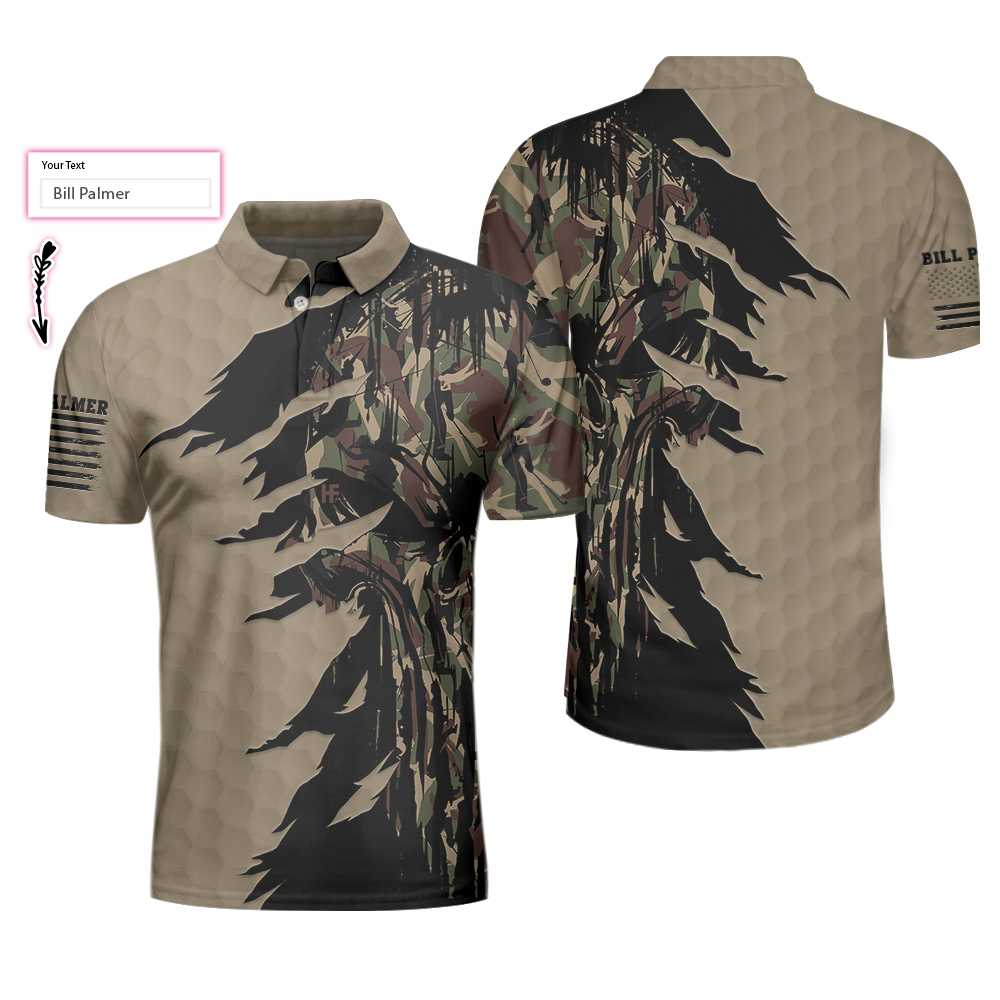 Alternative view of Ripped Vintage Golfing Clubs Skull Camouflaged Polo Custom Polo Shirt, Personalized Camo Golf Shirt For Men