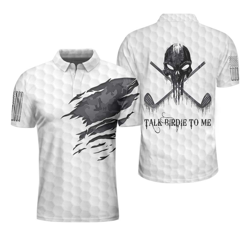 Ripped Vintage Golfing Skull Camouflaged Polo, Talk Birdie To Me Golf Pattern Polo Shirt, Best Golf Shirt For Men