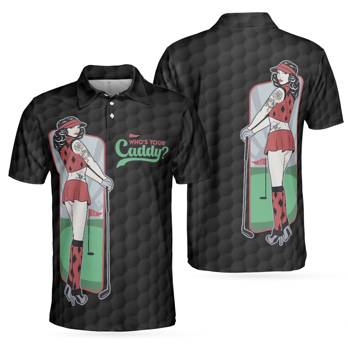 Sarcastic Shirt Who's Your Caddy Polo Shirt, Black Golf Pattern Polo Shirt, Unique Golf Shirt For Men