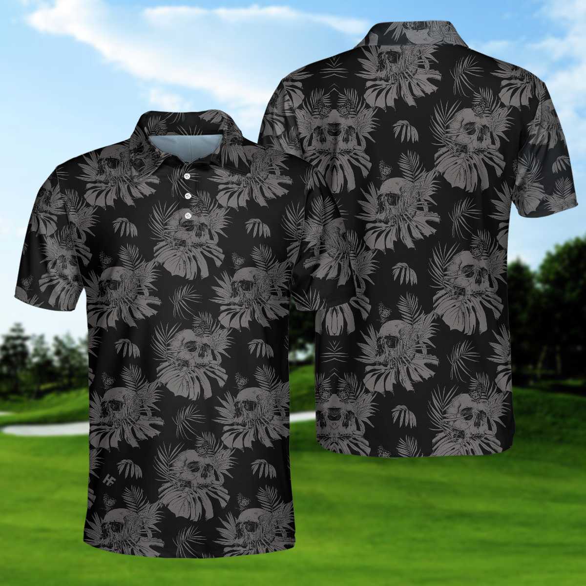Seamless Skull Goth Polo Shirt, Black Floral Skull Pattern Polo Shirt, Best Gothic Shirt For Men