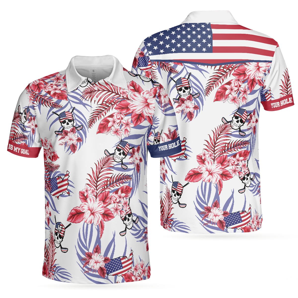 Seamless Tropical Pattern Golf Skull America V2 Polo Shirt, Texas Bluebonnet Golf Shirt For Men