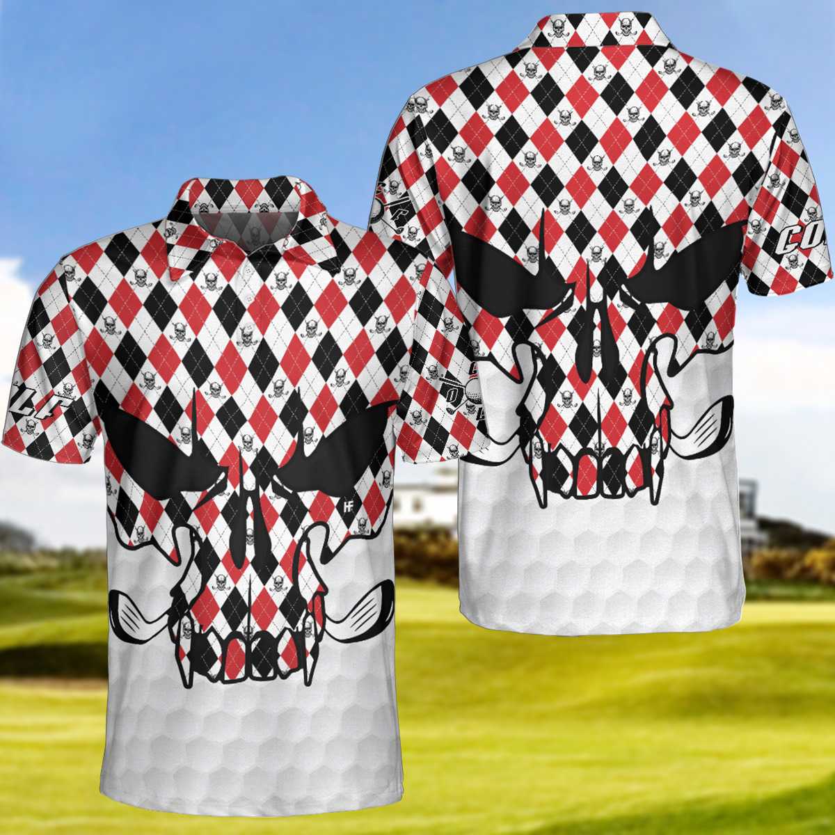 Skull Golf Red Black White Polo Shirt, Golf Texture Argyle Pattern Skull Polo Shirt, Best Golf Shirt For Men