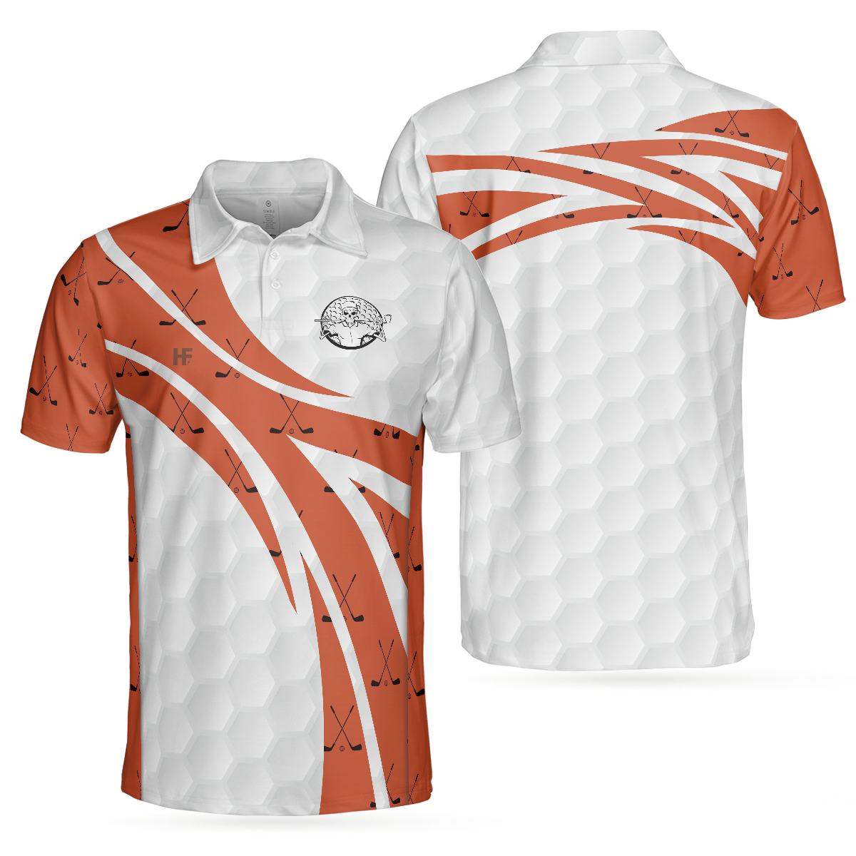 Skull Golfer Seamless Pattern Golf Polo Shirt, White And Orange Golf Shirt For Men, Cool Gift For Golfers