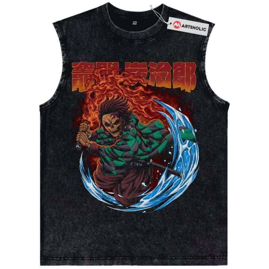 Alternative view of Skull Tanjiro Kamado Tank Top, Demon Slayer Tank Top, Anime Tank Top, Vintage Tank Top