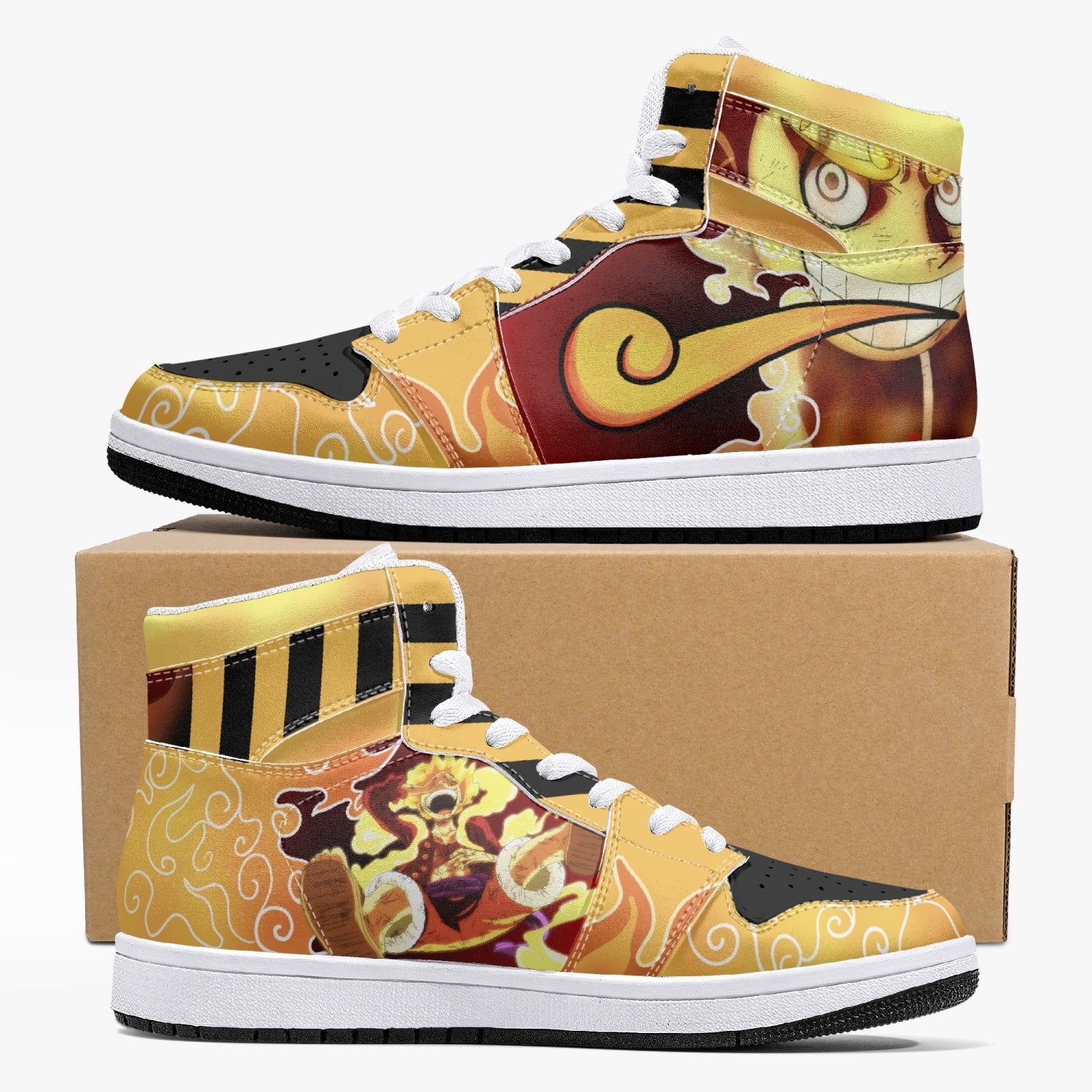 Alternative view of Sun God Luffy One Piece Custom Sneaker Mid 1 Basketball Shoes - Otaku Hall