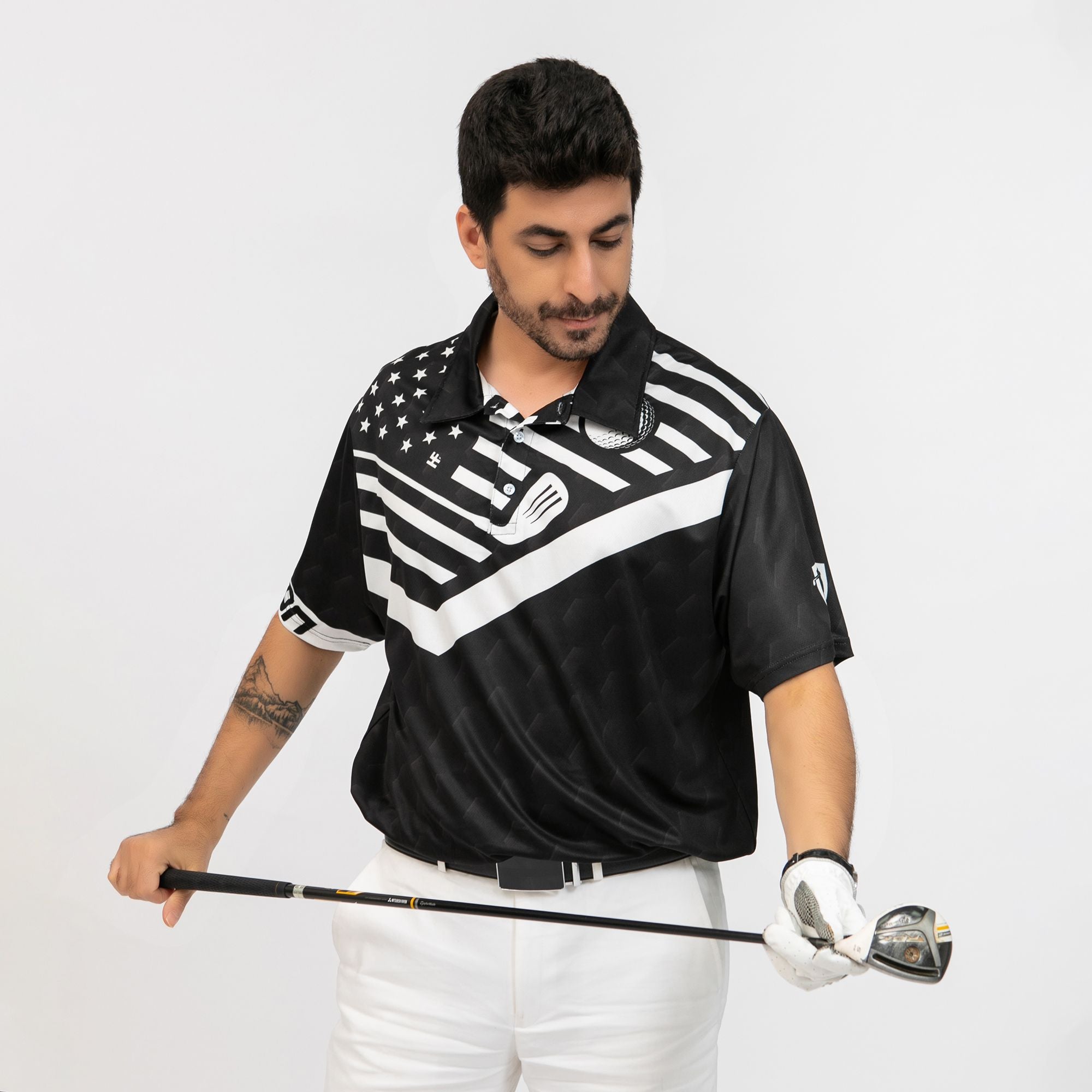 Swing Swear Drink Repeat Custom Polo Shirt, Personalized Black American Flag Golf Shirt For Men