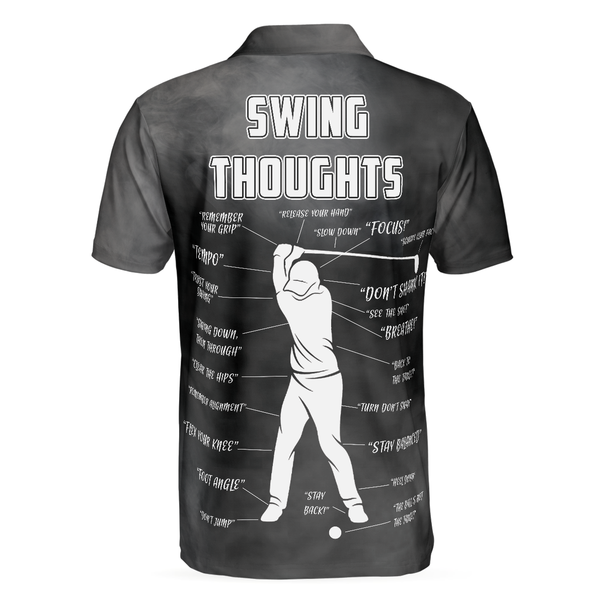 Alternative view of Swing Thoughts Short Sleeve Golf Polo Shirt, Black And Smoke Golfing Shirt, Funny Golf Shirt For Men