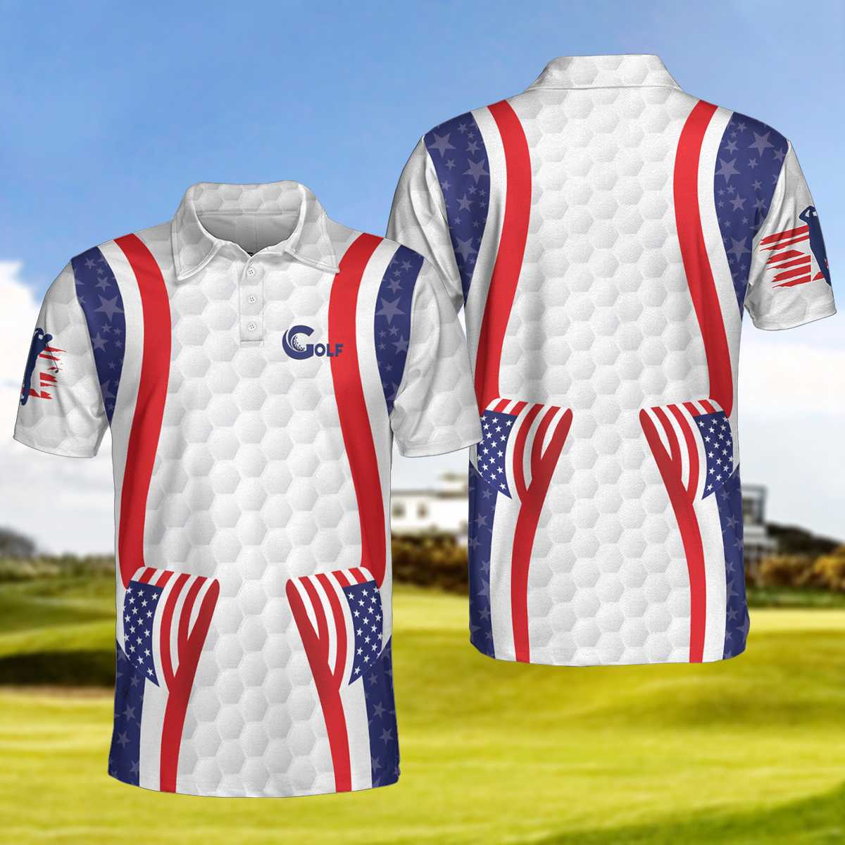 Symmetric Curve American Flag Golf Pattern Polo Shirt, USA Golf Polo Shirt, Patriotic Golf Shirt For Men