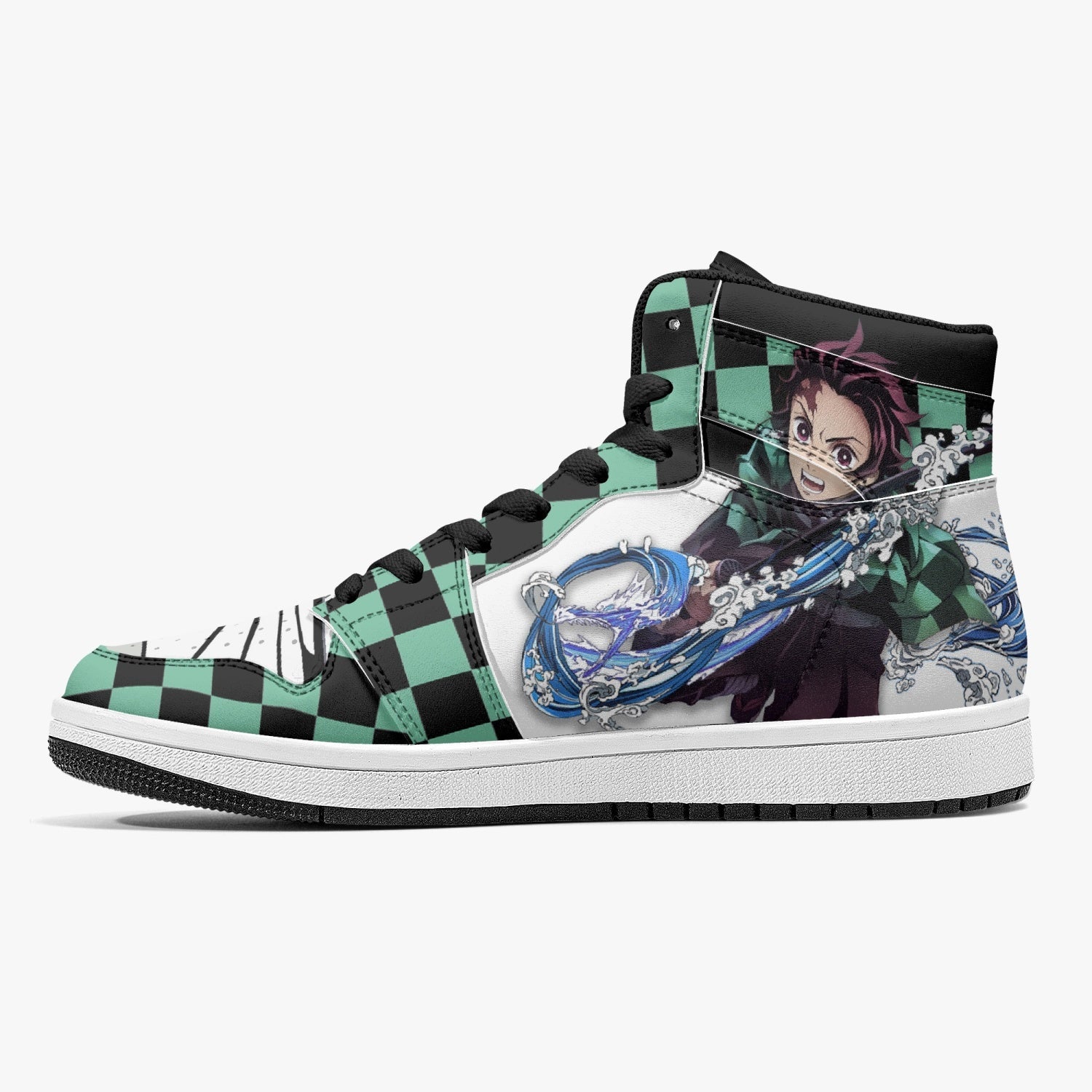 Alternative view of Tanjiro Kamado Water and Sun Breathing Demon Slayer Custom Sneaker Mid 1 Basketball Shoes - Otaku Hall