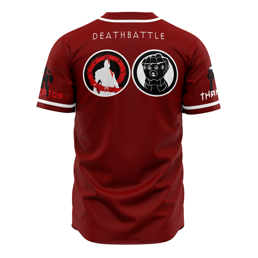 Alternative view of Thanos and Kratos Marvel Baseball Jersey