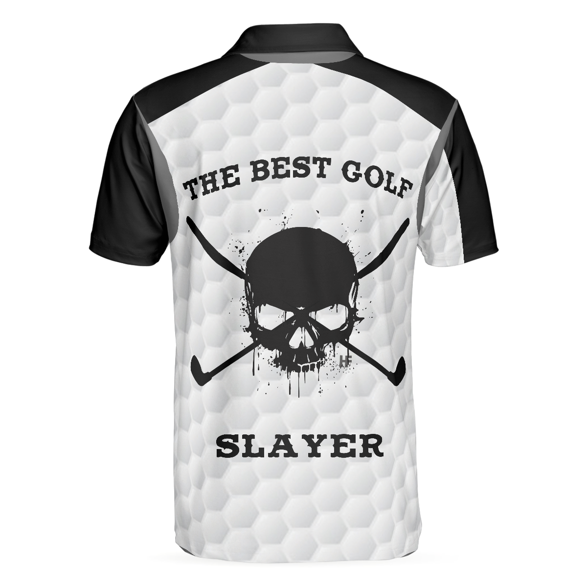 Alternative view of The Best Golf Slayer Wet Ink Skull Polo Shirt, Black Shoulder White Golf Pattern Polo Shirt, Best Golf Shirt For Men