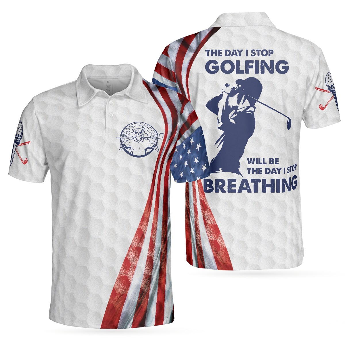 The Day I Stop Golfing Polo Shirt, Golf Pattern Skeleton Golfer American Flag Polo Shirt, Best Golf Shirt For Men