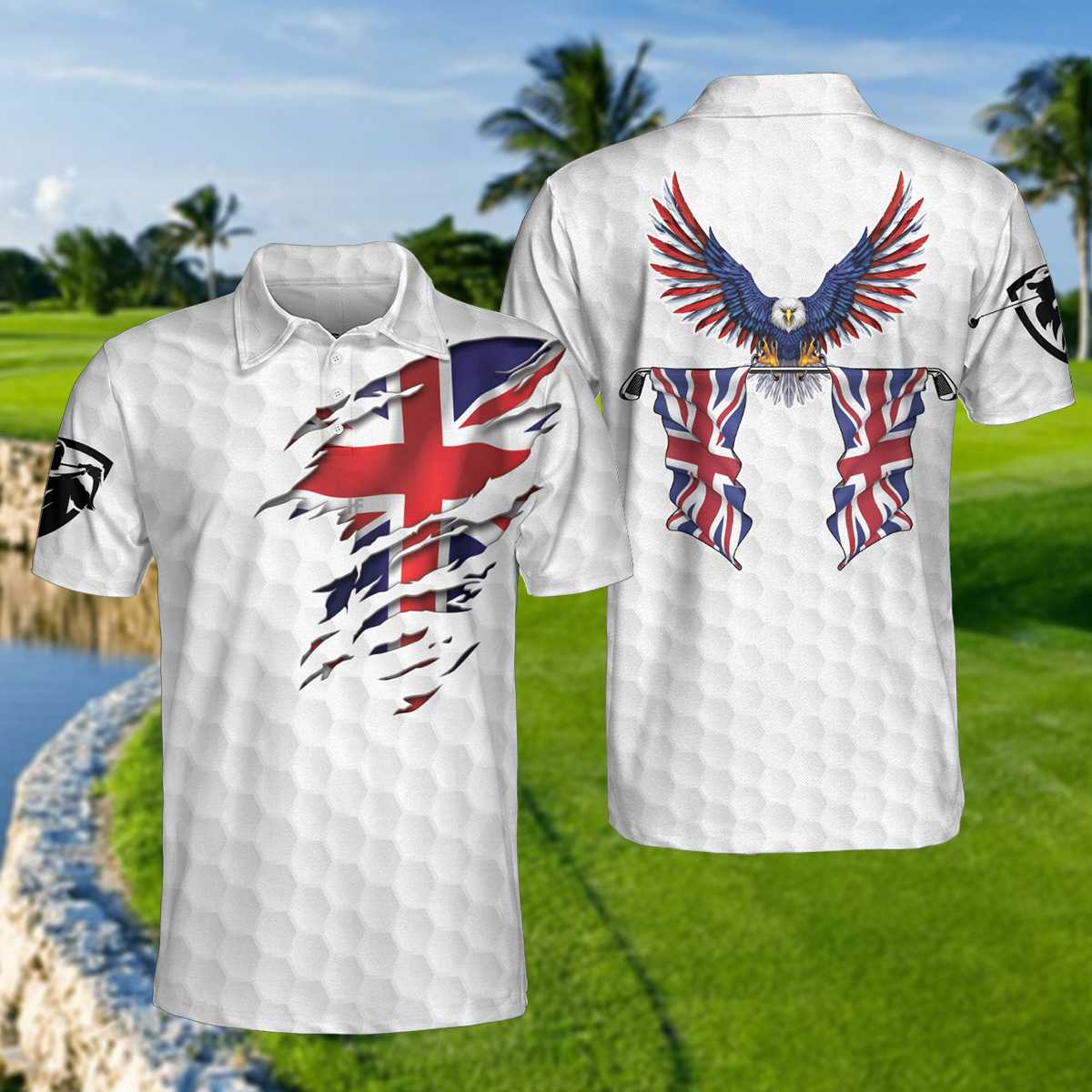 United Kingdom Eagle Flag Polo Shirt, Golf Pattern Ripped Great Britain Jack Polo Shirt, UK Golf Shirt For Men