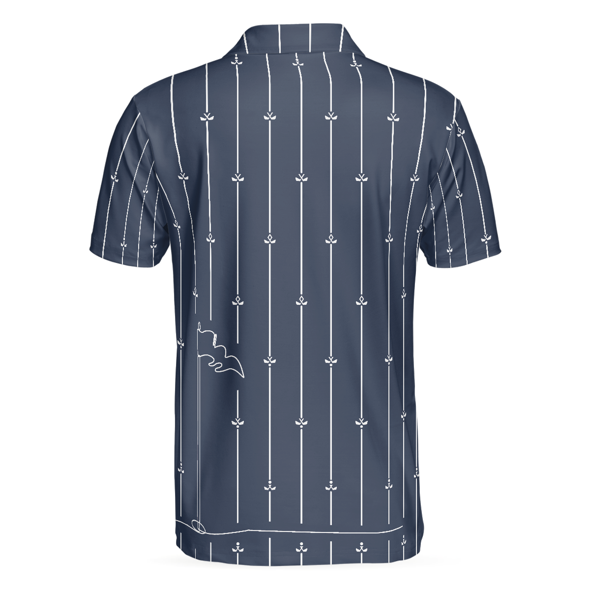 Alternative view of Vertical Stripe Golf Club Polo Shirt, Black And White One Line Drawing Golfer Polo Shirt, Unique Golf Shirt For Men