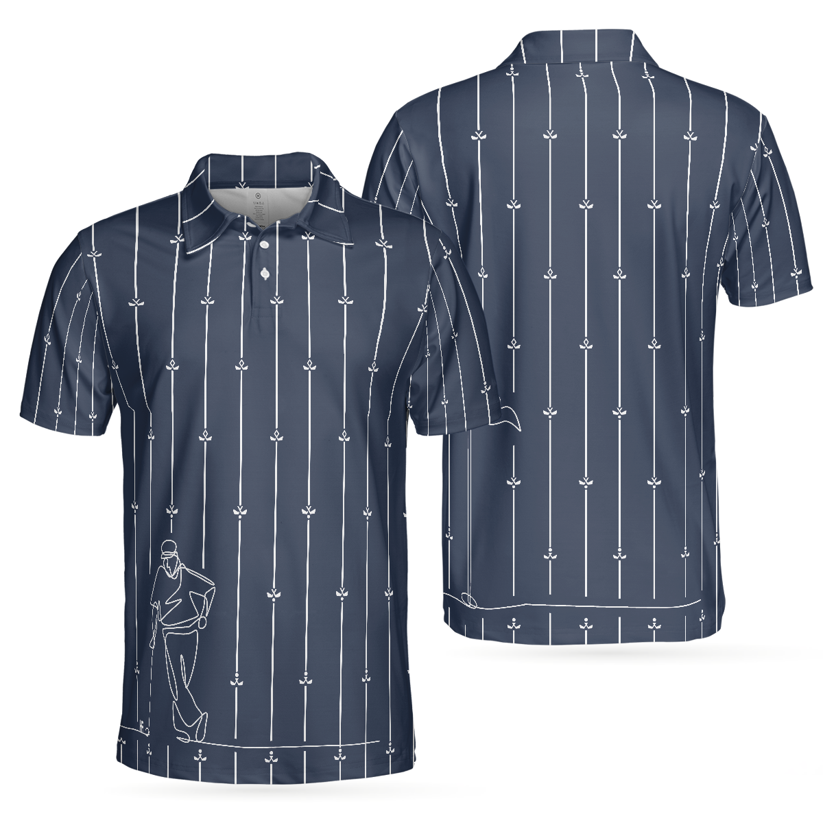 Vertical Stripe Golf Club Polo Shirt, Black And White One Line Drawing Golfer Polo Shirt, Unique Golf Shirt For Men