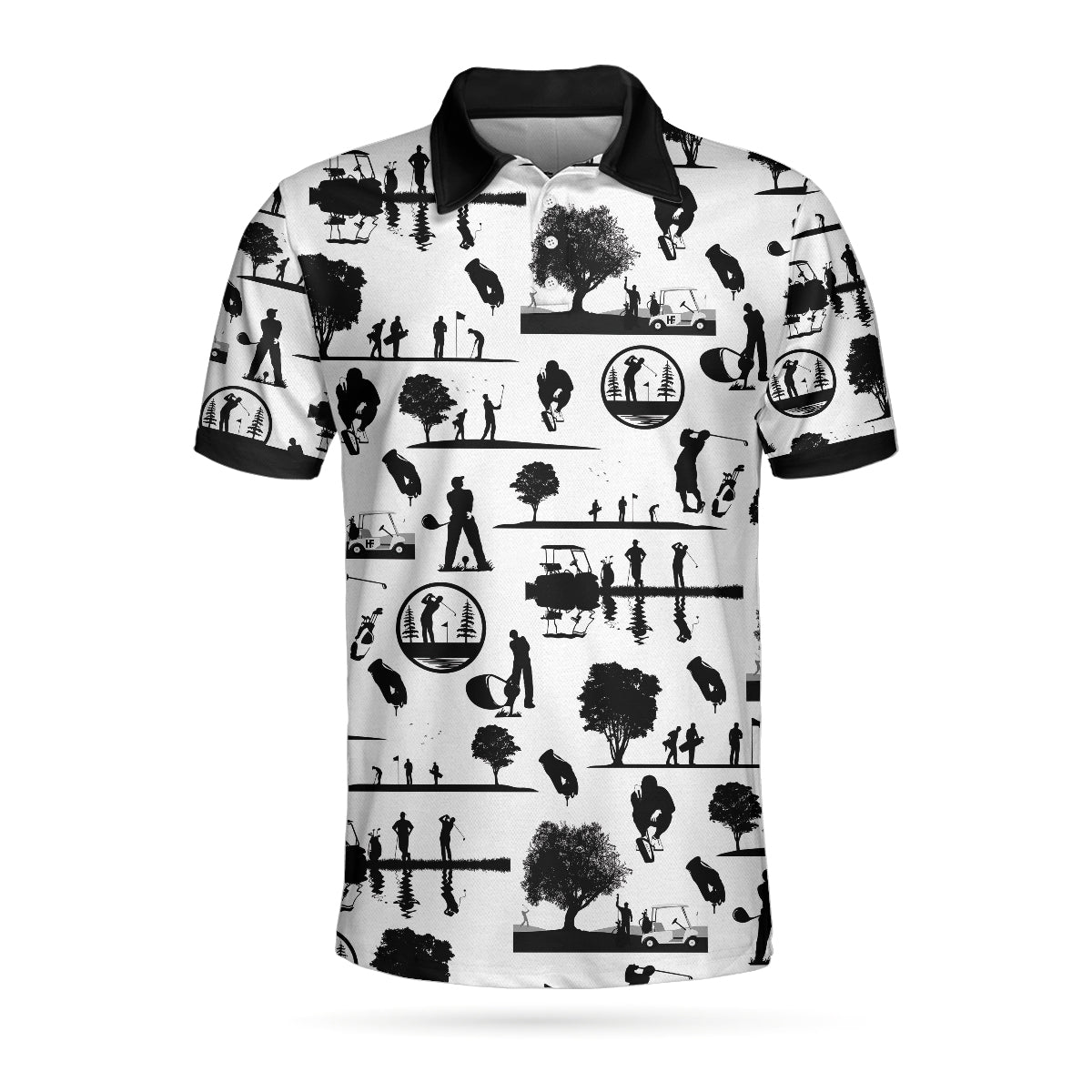 Alternative view of Vintage Silhouette Golfers All Over Print Polo Shirt, Black And White Golf Course Polo Shirt, Best Golf Shirt For Men