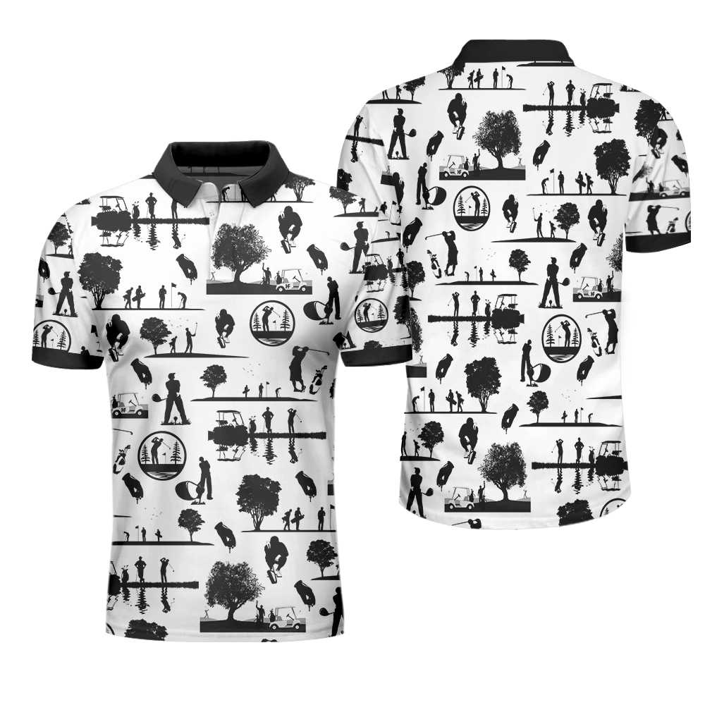 Vintage Silhouette Golfers All Over Print Polo Shirt, Black And White Golf Course Polo Shirt, Best Golf Shirt For Men