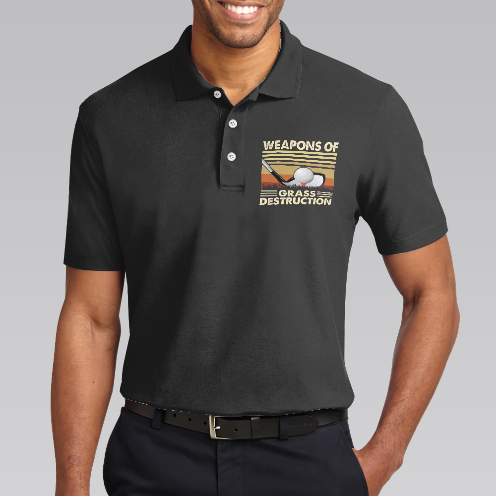 Alternative view of Weapons Of Grass Destruction Short Sleeve Polo Shirt, Vintage Chess Graphic Black Polo Shirt, Best Golf Shirt For Men