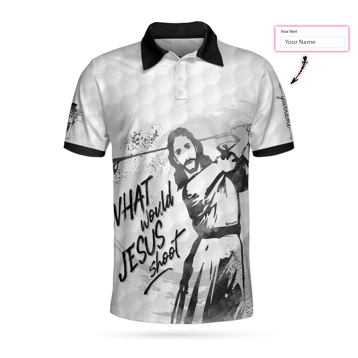 Alternative view of What Would Jesus Shoot Black And White Custom Polo Shirt, Personalized Golf Shirt For Men