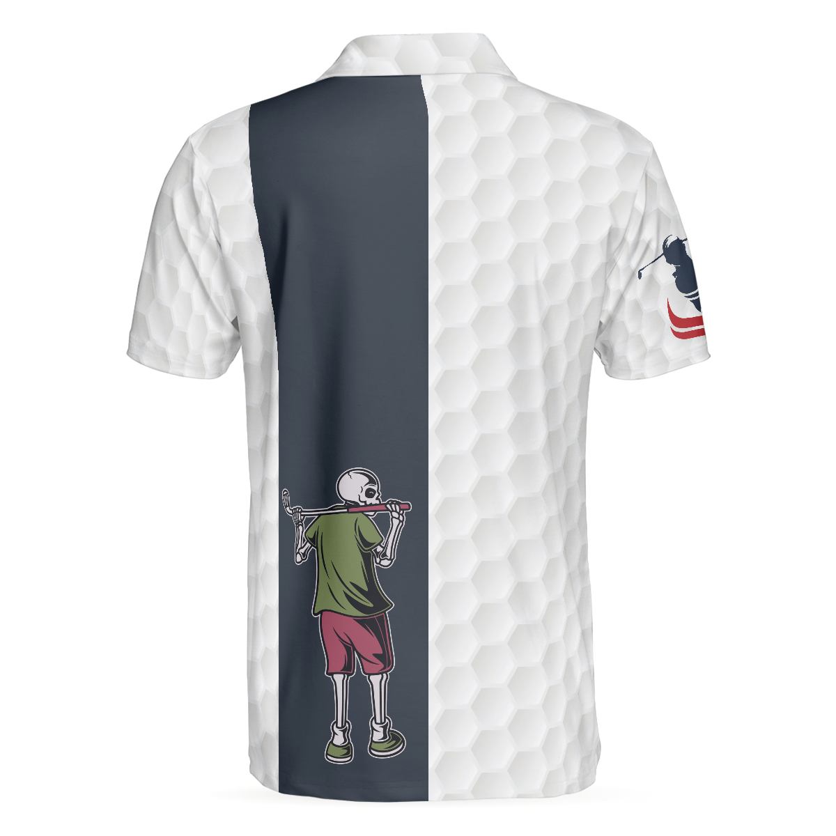 Alternative view of Youngster Skeleton Golf Lover American Flag Polo Shirt, White American Flag Golf Shirt For Men