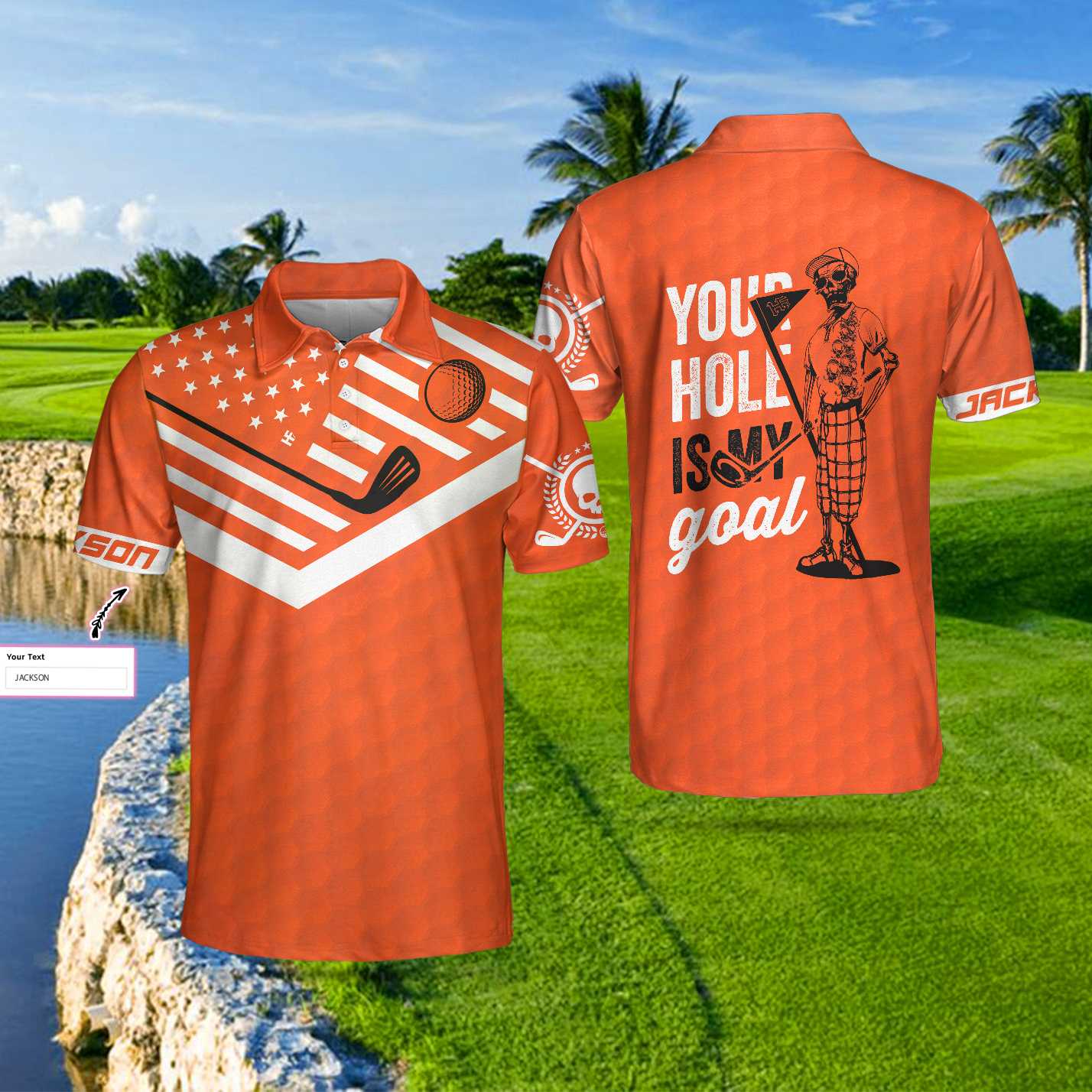 Your Hole Is My Goal Bones Men's Custom Polo Shirt, Personalized Orange American Flag Golf Shirt For Men