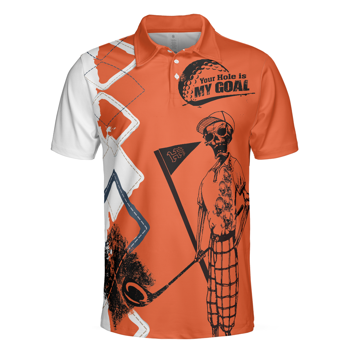 Alternative view of Your Hole Is My Goal Golf Polo Shirt, Orange Argyle Pattern Skeleton Golfer Polo Shirt, Best Golf Shirt For Men