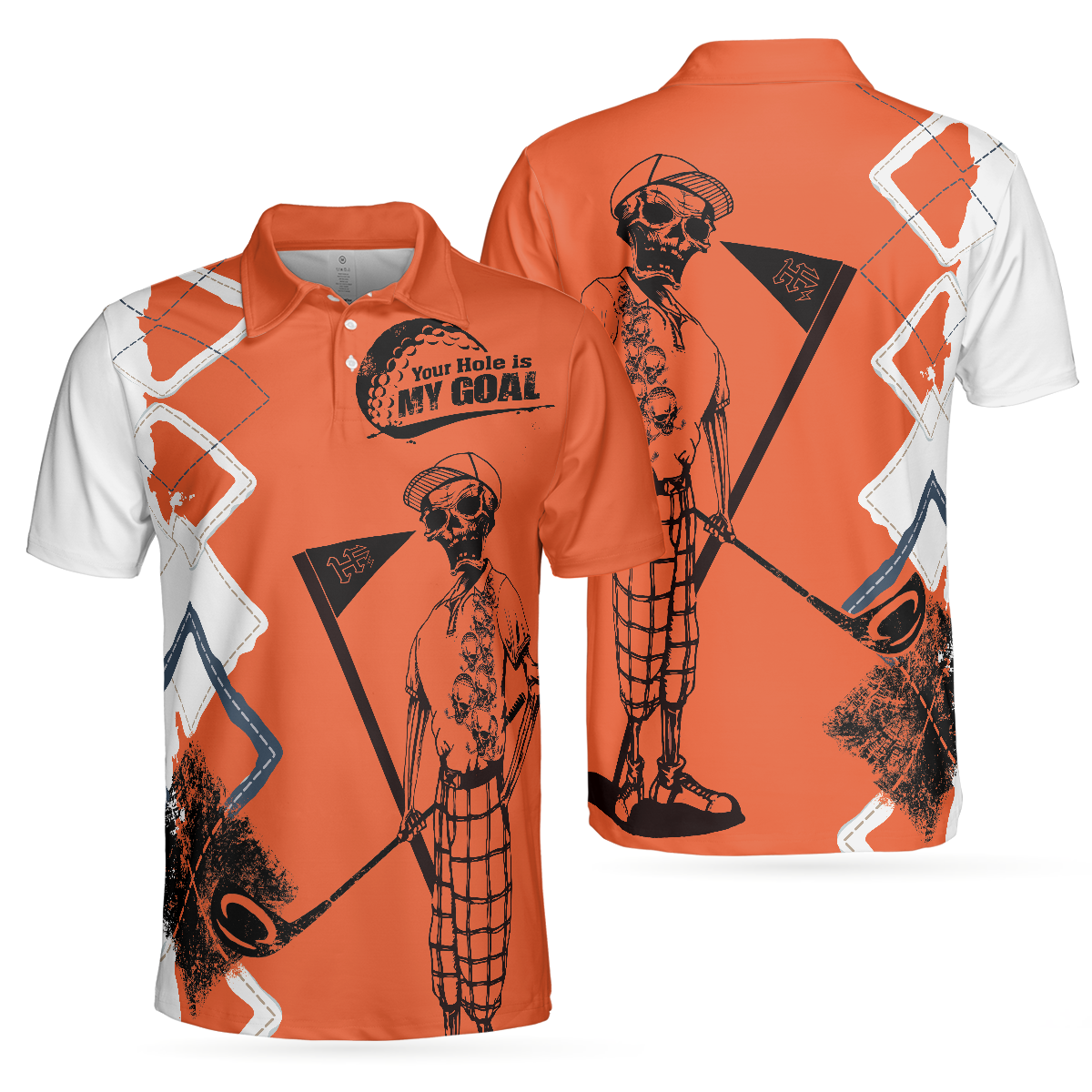Your Hole Is My Goal Golf Polo Shirt, Orange Argyle Pattern Skeleton Golfer Polo Shirt, Best Golf Shirt For Men