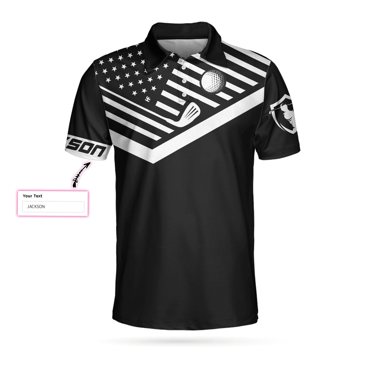 Alternative view of Your Hole Is My Goal New Version Custom Polo Shirt, Personalized Black American Flag Golf Shirt For Men
